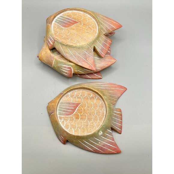 Beach House Decor Fish Coasters Set of 4 80s 90s Wood Carved Pastel Angel Fish - Picture 2 of 9